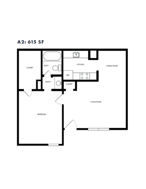 Floor plan for 1 bed, 1 bath, 615 sqft